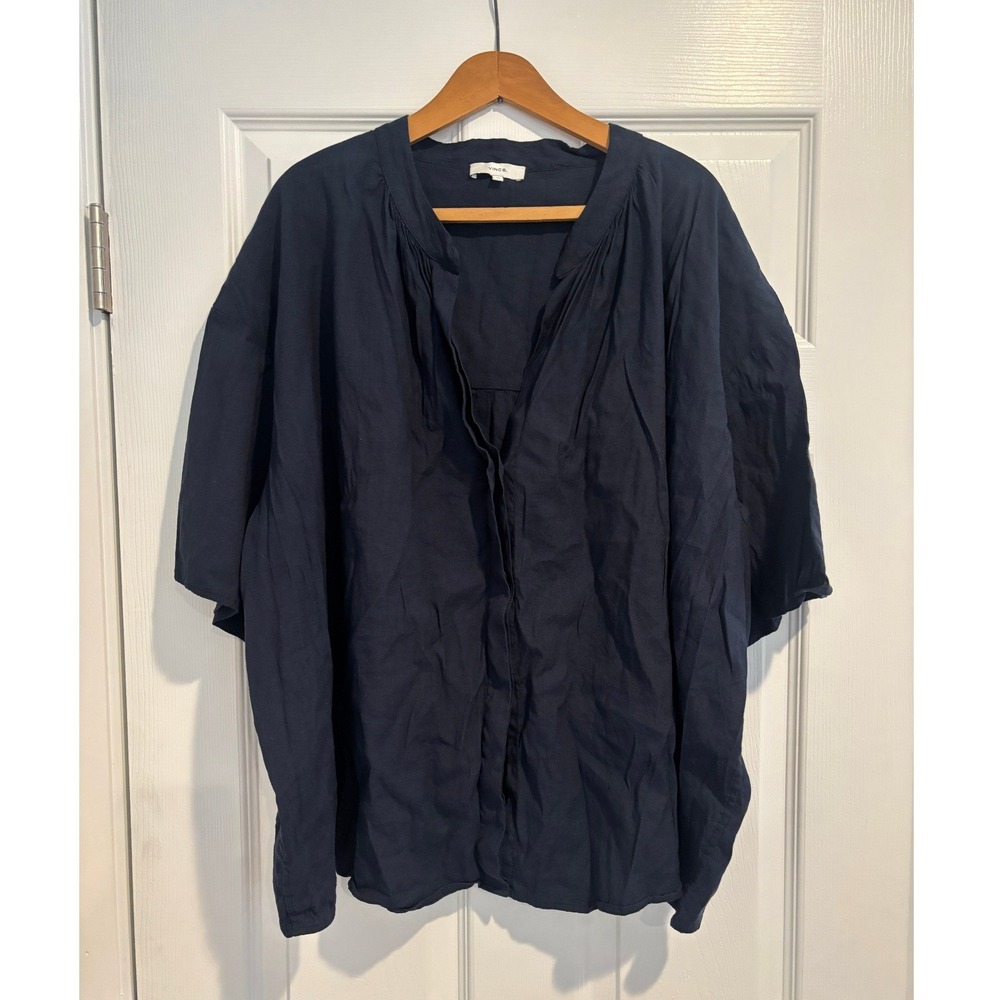Vince Navy Blue Linen-Blend Button-Front Relaxed Tunic Top Size 3X Quiet Luxury - Picture 2 of 7